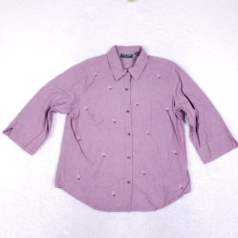 Lemon Grass Studio Embroidered Rose Blouse Button Front Lavender XL Cottagecore‎